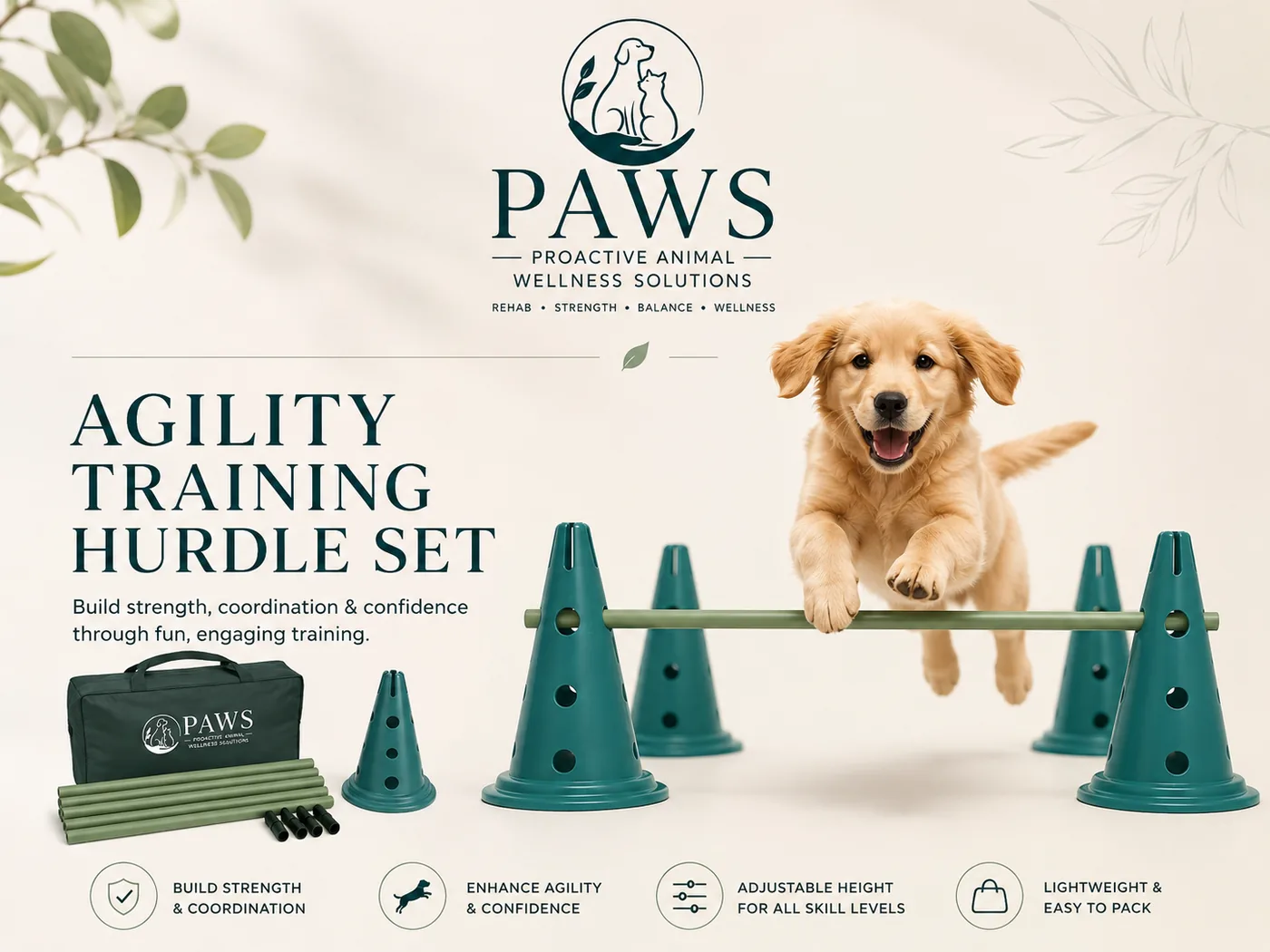 Adjustable agility hurdle set with cones and poles for dog coordination training by PAWS