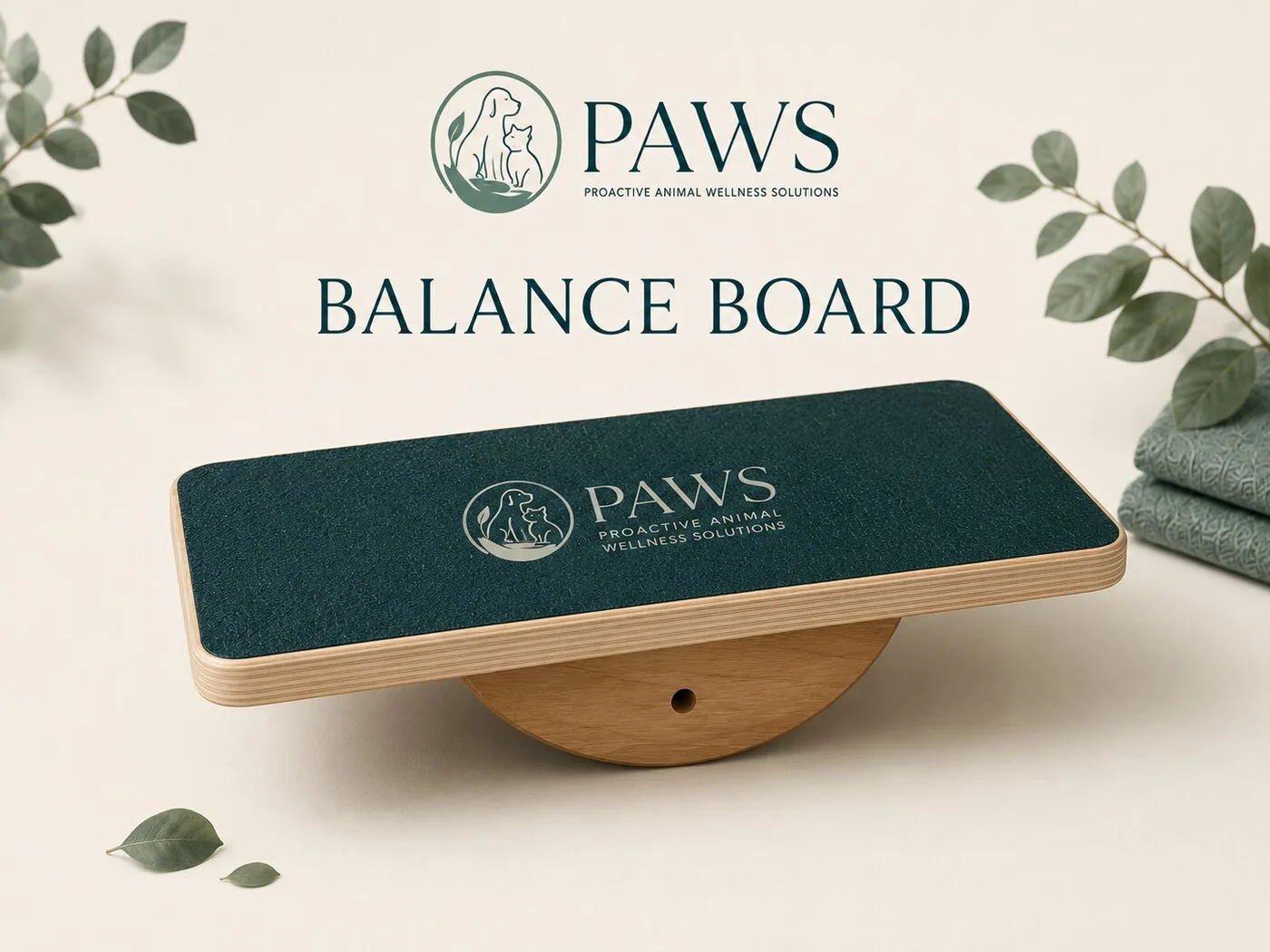 Wooden single-axis rocker balance board with non-slip top for dog coordination training by PAWS