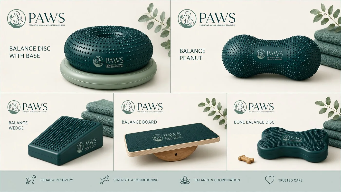 Full PAWS canine rehabilitation equipment range: discs, peanut, wedge, and rocker board